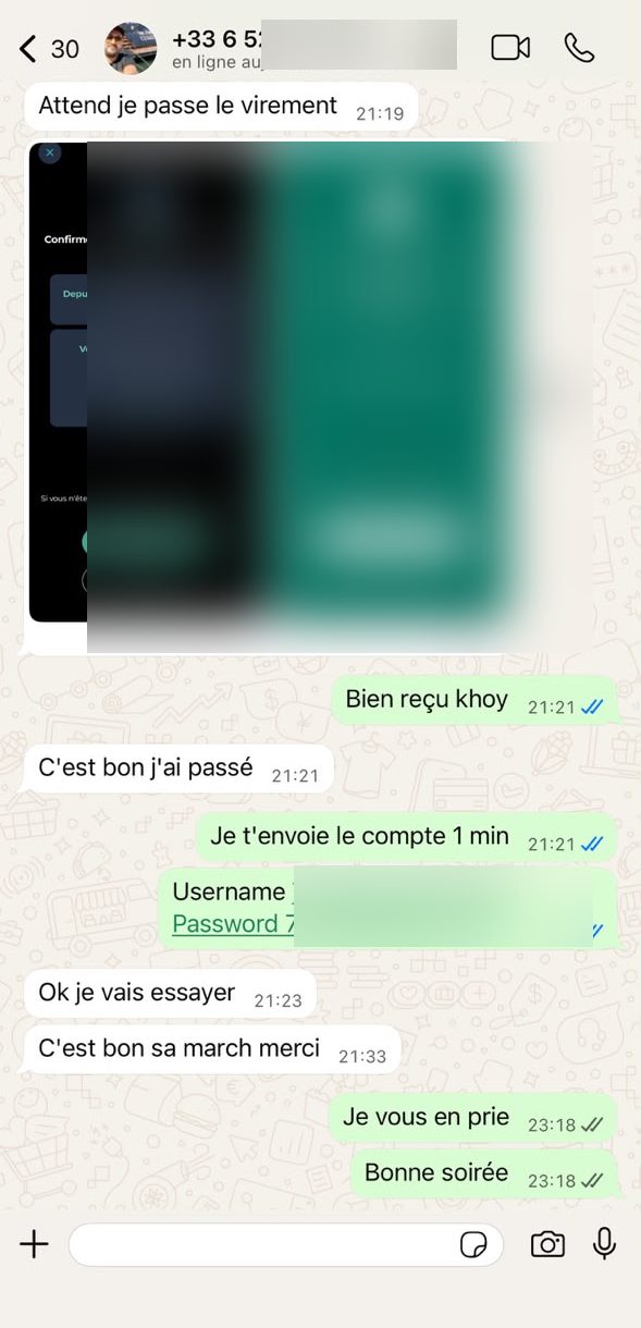 Conversation WhatsApp client — 🇫🇷 France · Paiement instantané